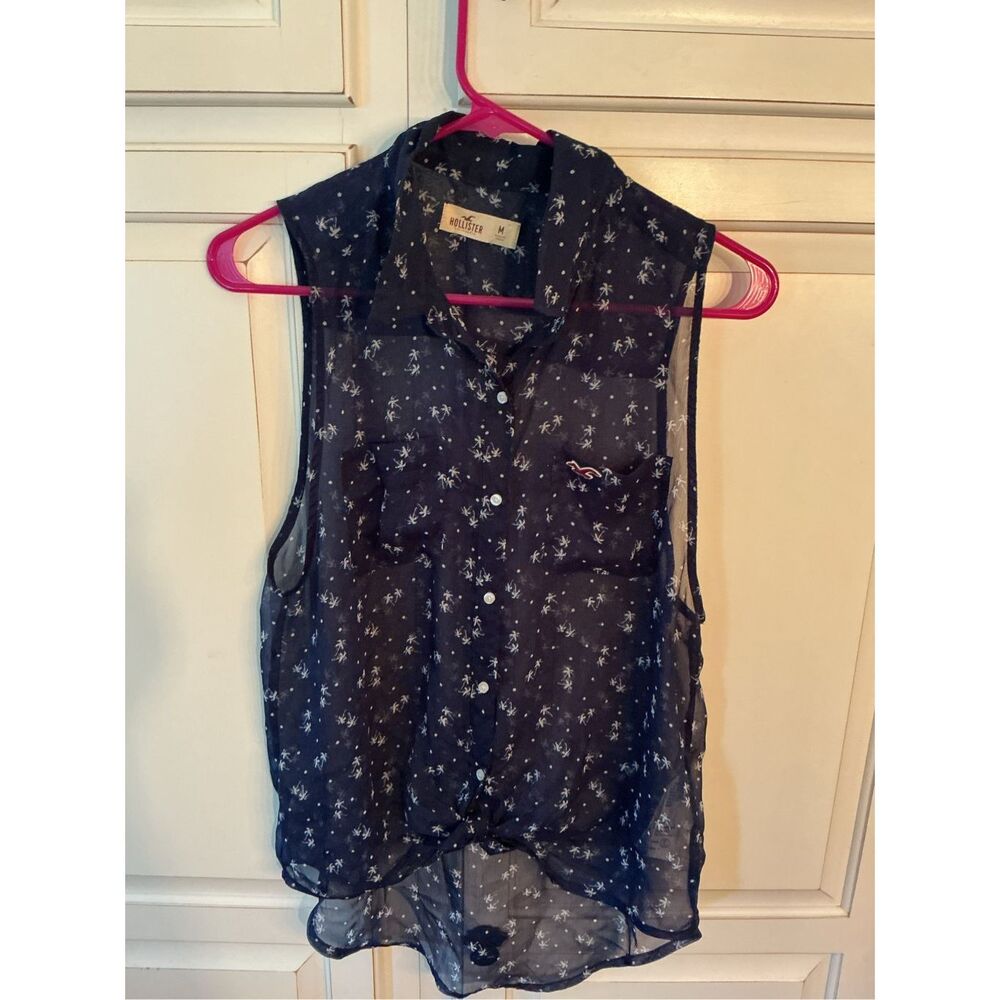 Hollister Button Down Chiffon Top Sz M White Palm Trees